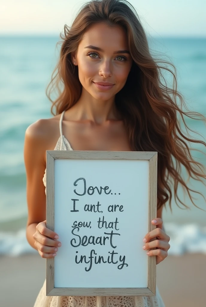 Beautiful girl with wavy long hair, bohemian dress, holding a white board with text "I Love Seaart Infinity" and showing it to the viewer
