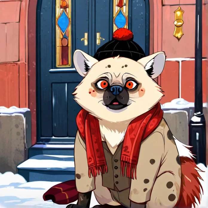 White Tanuki Hyena, Circle Eye, Red Pupil, Pug Mouth, Black beanie, red scarf, shirt, orange shirt, collared shirt, buttons, pants,outside  looking at viewer, Church at Moscow