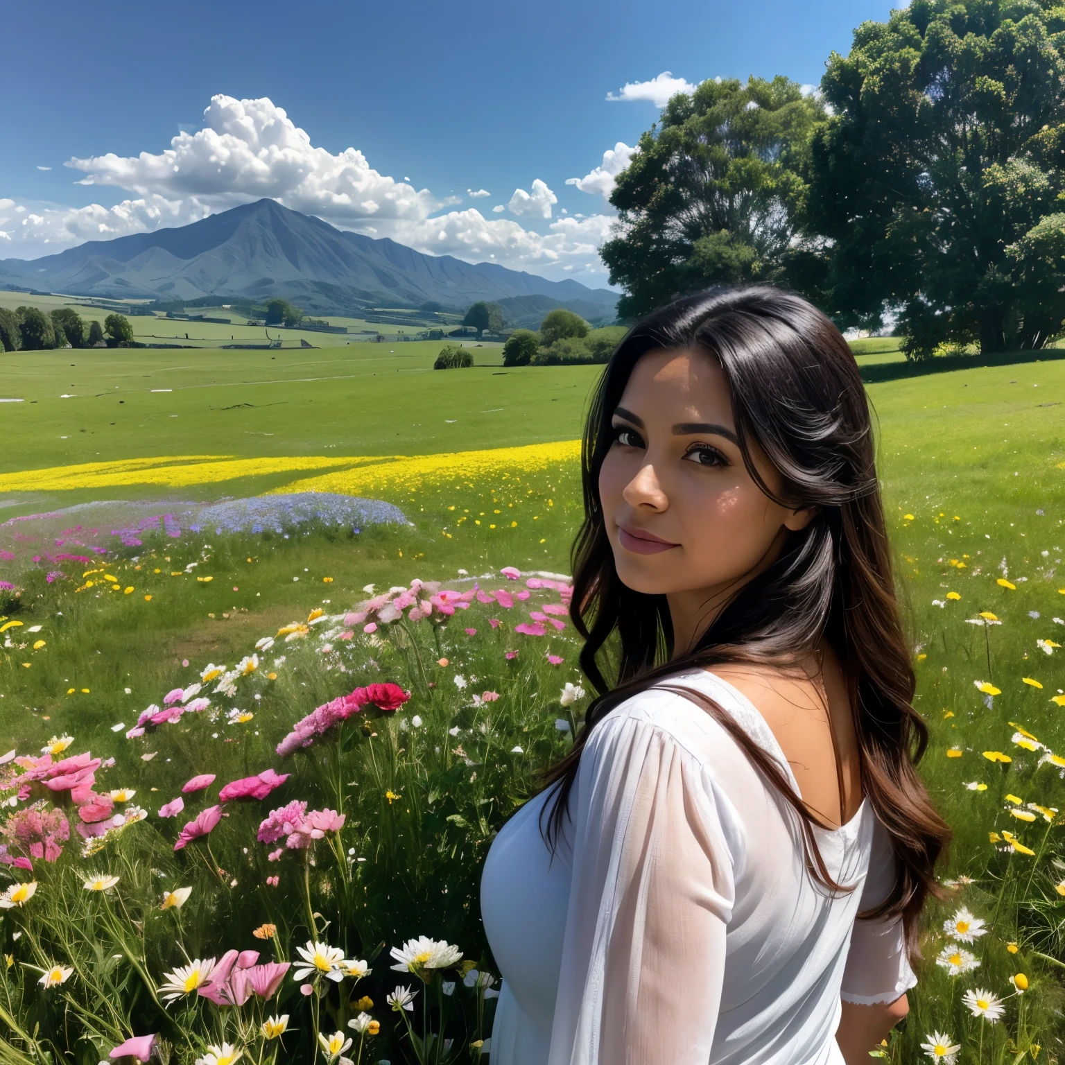 Generates a photograph of a beautiful 35-year-old Latina woman looking out over a pasture full of wildflowers in full bloom under a clear sky. A variety of colorful flowers are seen, including daisies, chrysanthemums, rose, hydrangeas, buttons, carnations and gitasols. They are different colors. In the background you can see green Colombian mountains full of trees and flowers.. The sky is blue