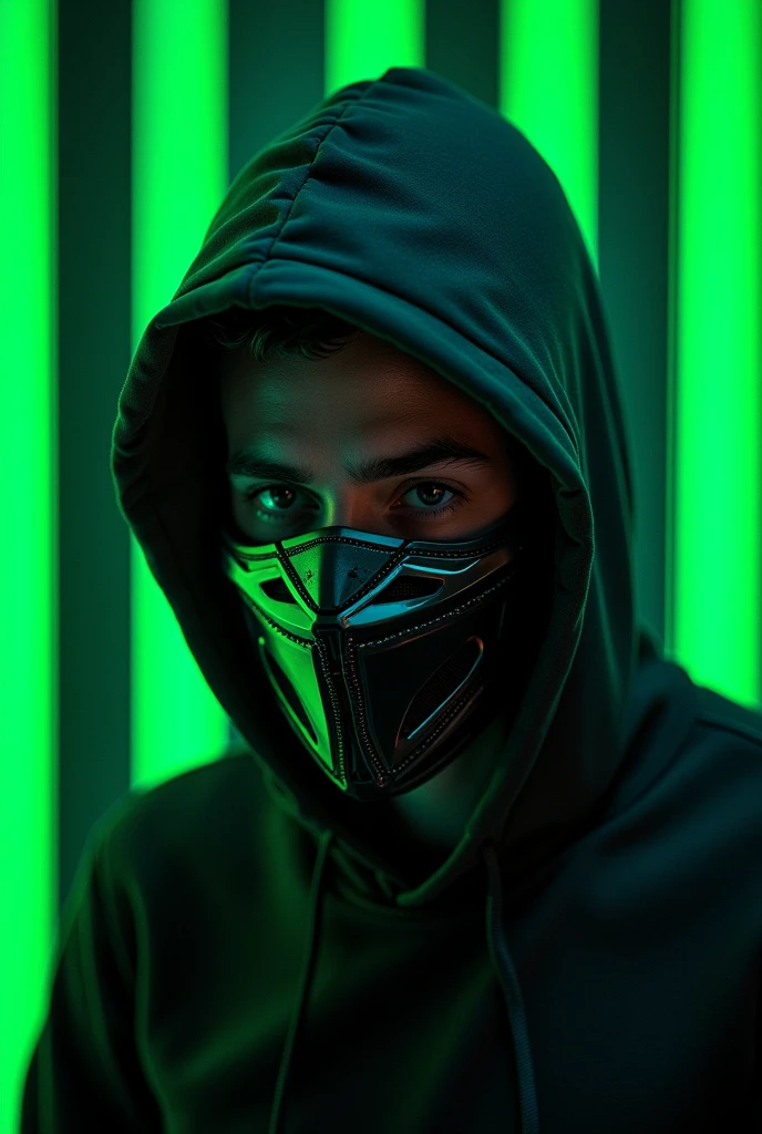 create an image of a gamer character with the SOLOTHOFY logo in the middle of the image with striped green backgrounds put a mask on the character