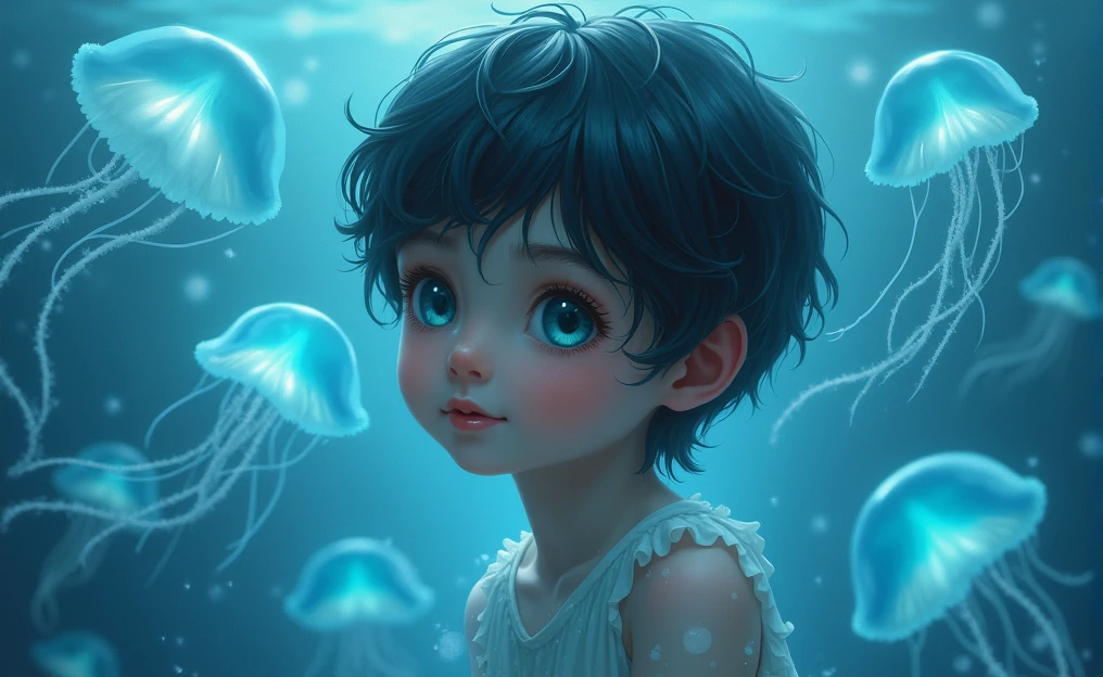 The image shows a semi realistic boy  with a delicate face with blue-green eyes and dark hair, in an ethereal and aquatic environment. Around it float translucent blue jellyfish, whose tentacles create an effect of fantasy and serenity. The soft lighting and bluish reflections of the water add a magical touch to the atmosphere.
