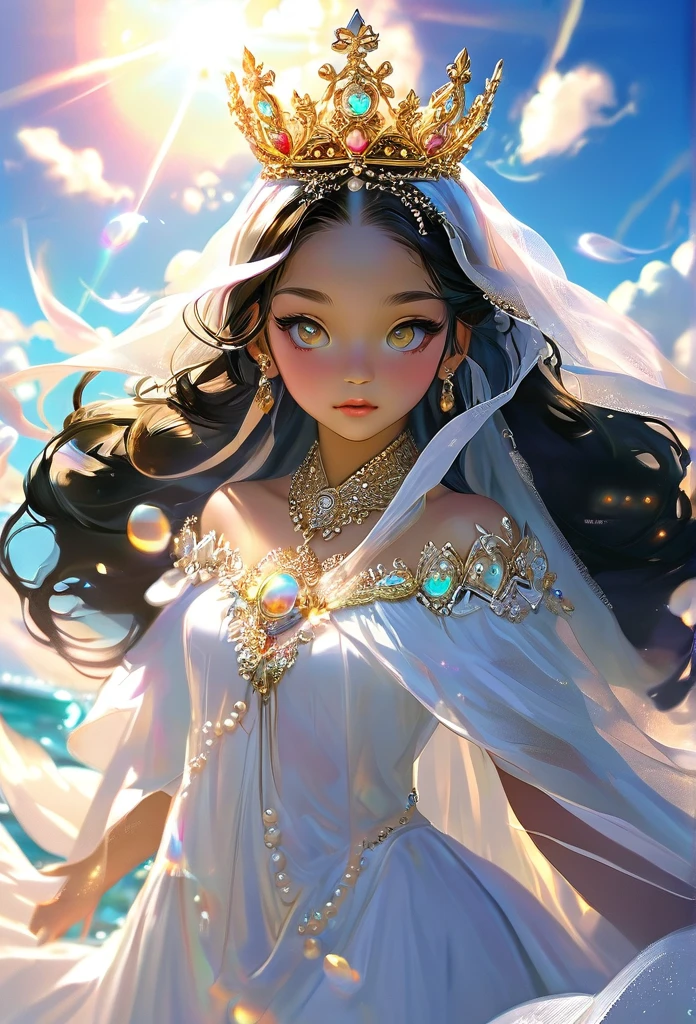 (((King Yemanjá / GOD )))on a SKY a bright light, Sorceress, beautiful female sorceress, (( Yemanjá UHD ))) With a beautiful crown of shells and pearls, volantes+ribbons+detailed in tone , It should look charming and beautiful, Keep the iconic elements of the original character. King GOD must have a sensual round face with large dimensions, clear eyes, long eyelashes and rosy cheeks. Your hair should be in great black tones . Elegant like a king : Vista-se Chibi em um luxuoso e elegante vestido com detalhes standingrolas dourada . He wears a veil on the shore, The character&#39;s costume is a beautiful light blue lace dress. . standing, . Magic Accessories: Add charming accessories to the chibi, shell necklaces and earrings .Be sure to add shadows, textures and details in the hair, God accessories, to make you even more charming and charming. Give him a smiling expression and a smile on his face, Capturing the essence of the character in a subtle way, Delicate hands,( beach scenery, deep surrealistic landscape, king  Yemanjá  and its mermaids ) 16KPensativo, Cabelo branco, Fundo simples, Capuz, Barba, 