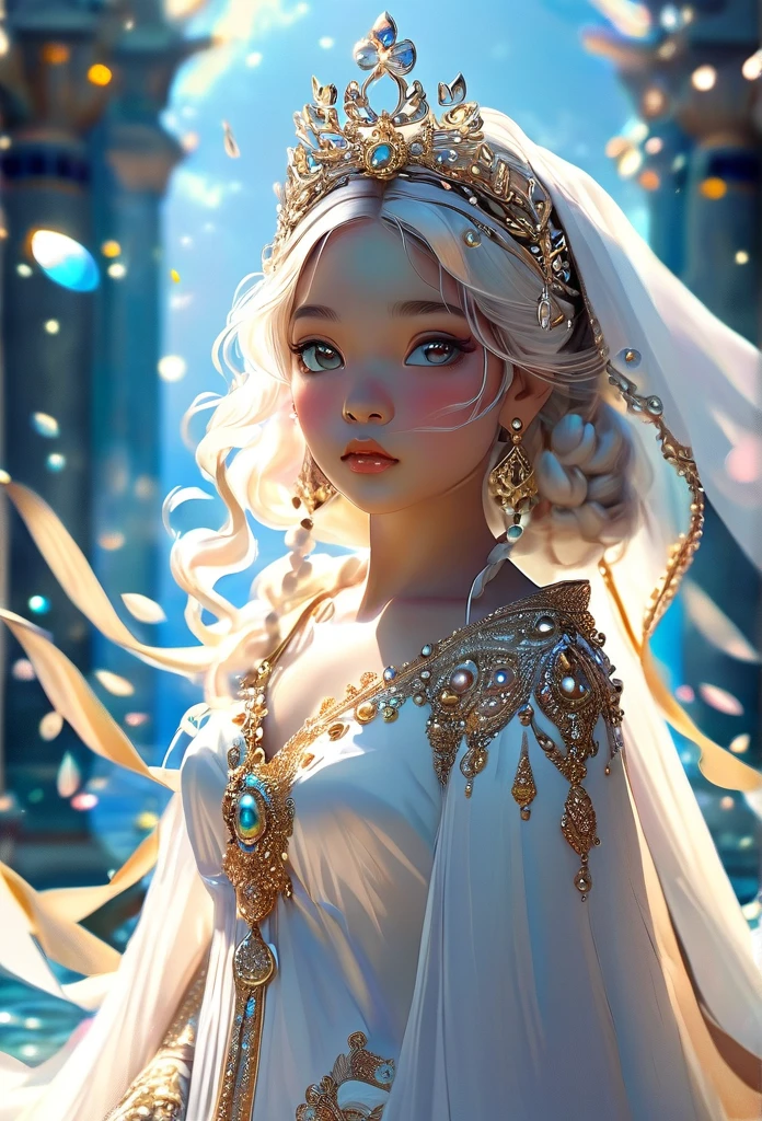 (((King Yemanjá / GOD )))on a SKY a bright light, Sorceress, beautiful female sorceress, (( Yemanjá UHD ))) With a beautiful crown of shells and pearls, volantes+ribbons+detailed in tone , It should look charming and beautiful, Keep the iconic elements of the original character. King GOD must have a sensual round face with large dimensions, clear eyes, long eyelashes and rosy cheeks. Your hair should be in great black tones . Elegant like a king : Vista-se Chibi em um luxuoso e elegante vestido com detalhes standingrolas dourada . He wears a veil on the shore, The character&#39;s costume is a beautiful light blue lace dress. . standing, . Magic Accessories: Add charming accessories to the chibi, shell necklaces and earrings .Be sure to add shadows, textures and details in the hair, God accessories, to make you even more charming and charming. Give him a smiling expression and a smile on his face, Capturing the essence of the character in a subtle way, Delicate hands,( beach scenery, deep surrealistic landscape, king  Yemanjá  and its mermaids ) 16KPensativo, Cabelo branco, Fundo simples, Capuz, Barba, 