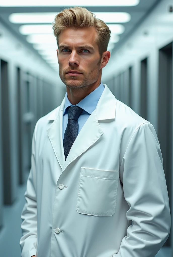 Handsome blond man in white lab coat in scientist style.He is also tall and strong 