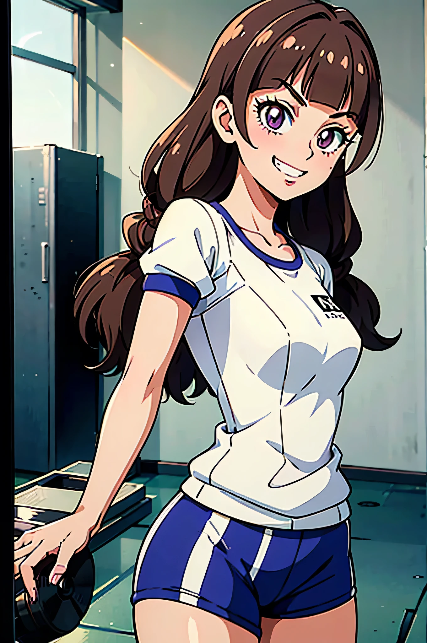 1 girl, (solo), ((amanogawaki)), best quality, highres, high quality, 8k, HD, super detail, anatomically correct, UHD, accurate, (masterpiece:1.0), (high quality:1.0), (ultra detailed), ((Adult:1.2)), Looking at viewer, (smug grin), wearing gym_outfit, inside gym, front view, taking a selfie, gym shorts, gym shirts 