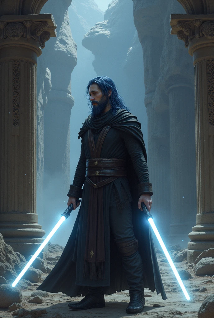 An young man chiss gray jedi who was a former sith lord and now he is searching the balance betwen light and dark side. He uses 2 white lightsabers. He has long dark blue hair, light blue skin, one red eye and other blind. And a full short beard.