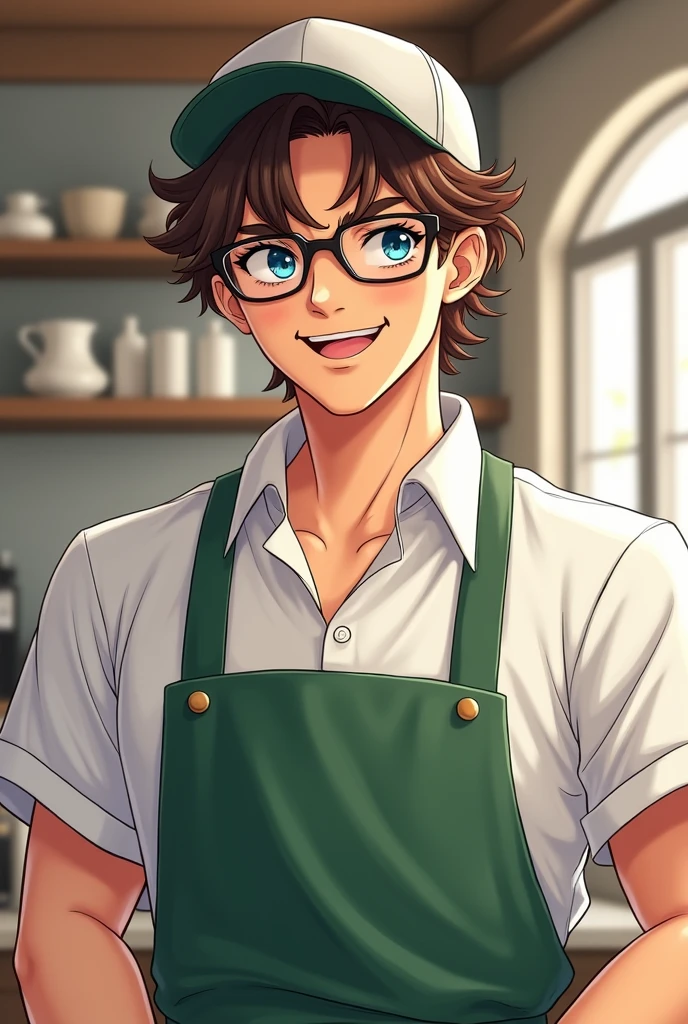 beautiful man wearing baseball cap, curly brown hair with white streaks on the back of his head, bisexual, barista, green apron, glasses, curled mustache, caucasian, blue eyes, 2D, Anime