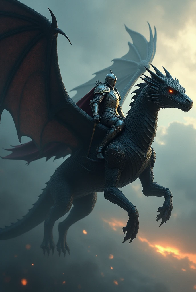 High-fantasy digital artwork featuring a knight and a dragon. The knight, clad in intricately detailed, silver and gold armor with a flowing cape, stands on rocky terrain. His helmet obscures his facial features, adding an air of mystery. The dragon, positioned behind the knight, is massive and covered in white, scale-like armor with sharp, menacing horns and claws. The dragon's wings are partially spread, showcasing their impressive span. The background is a cloudy, misty sky, enhancing the epic and mystical atmosphere of the scene.4K, anatomically correct, masterpiece, high details, award winning, high quality, super detail, best quality, 8k