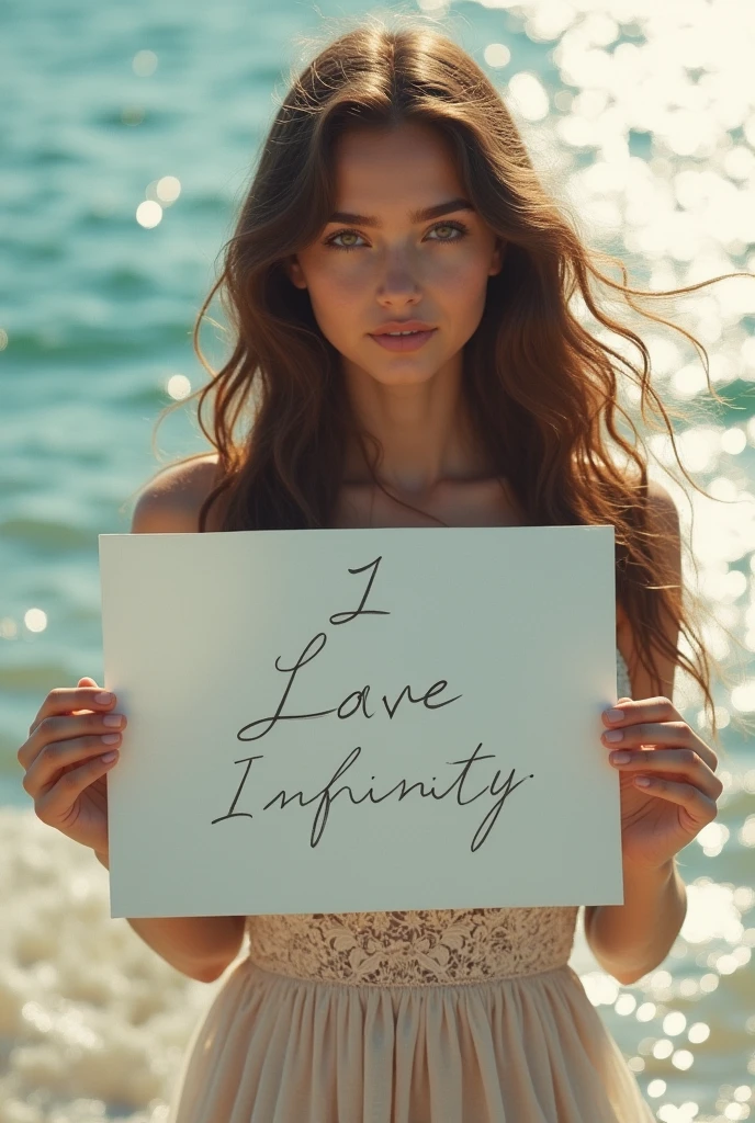 Beautiful girl with wavy long hair, bohemian dress, holding a white board with text "I Love Seaart Infinity" and showing it to the viewer