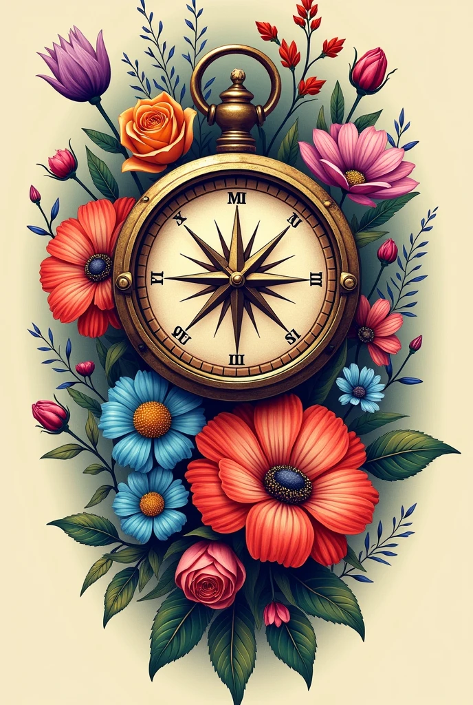 Compass and colorful flowers tattoo for women