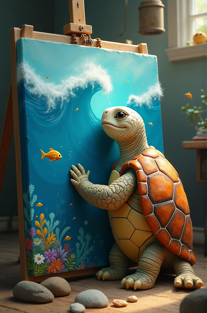 A turtle hugging a painting of the sea