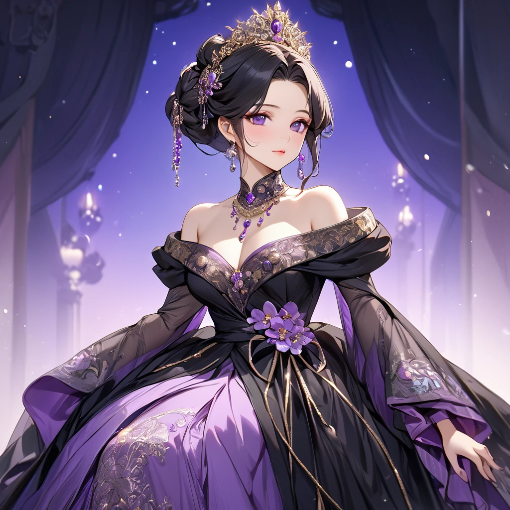 ((Highest quality)), ((masterpiece)), (detailed), (Perfect Face)、The woman is Shinobu Kocho, a Russian lady with elegant, graceful, and beautiful black hair with purple gradient ends, tied in a formal evening hairstyle.、The woman is beautifully dressed in the luxurious and glittering Russian court dress of an ancient Russian empress and adorned with lavish accessories.