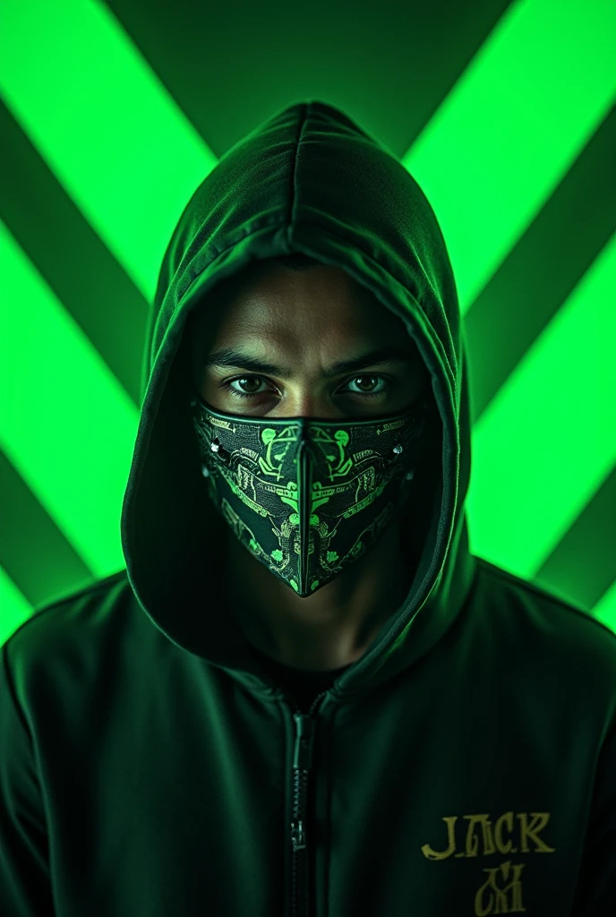 create an image of a gamer character with the name SOLOTHOFY in the middle of the image with green striped backgrounds put a mask on the character