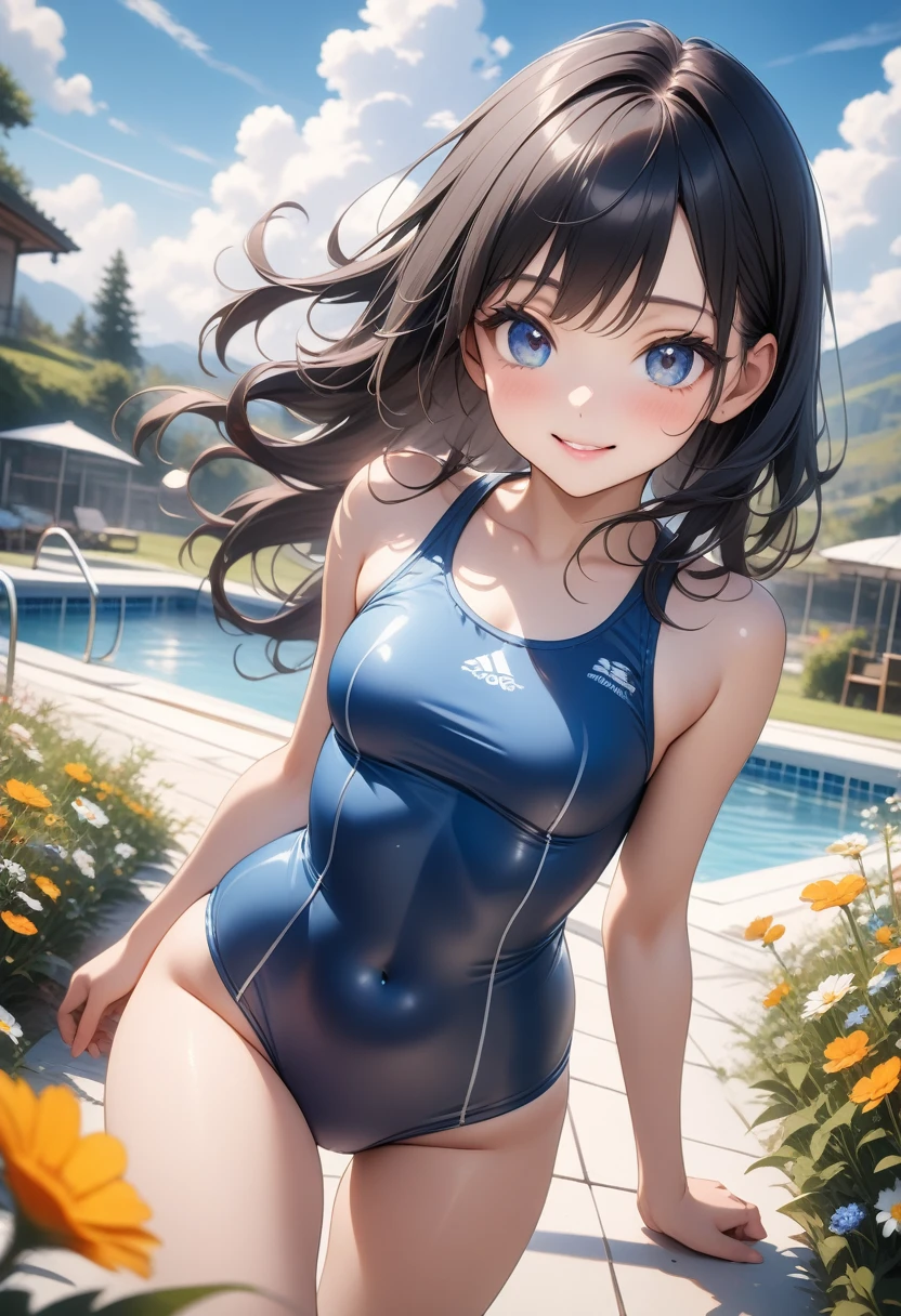 very cute and beautiful girl,(Very exquisite beautiful face and eyes),(Blue school swimsuit),
Are standing,Poolside,Small colorful flowers blooming in the meadow,
(smile),View your viewers,Black Hair,Cowboy Shot,
(Highest quality,masterpiece:1.0),Absurd,High resolution,Very detailed,Very detailed,32K,
Movie Scenes,Detailed Background,alone,Dynamic Angle,
Hair blowing in the wind,Beautifully detailed skies,, ai-generated,Shiny Costumes, skindentation,