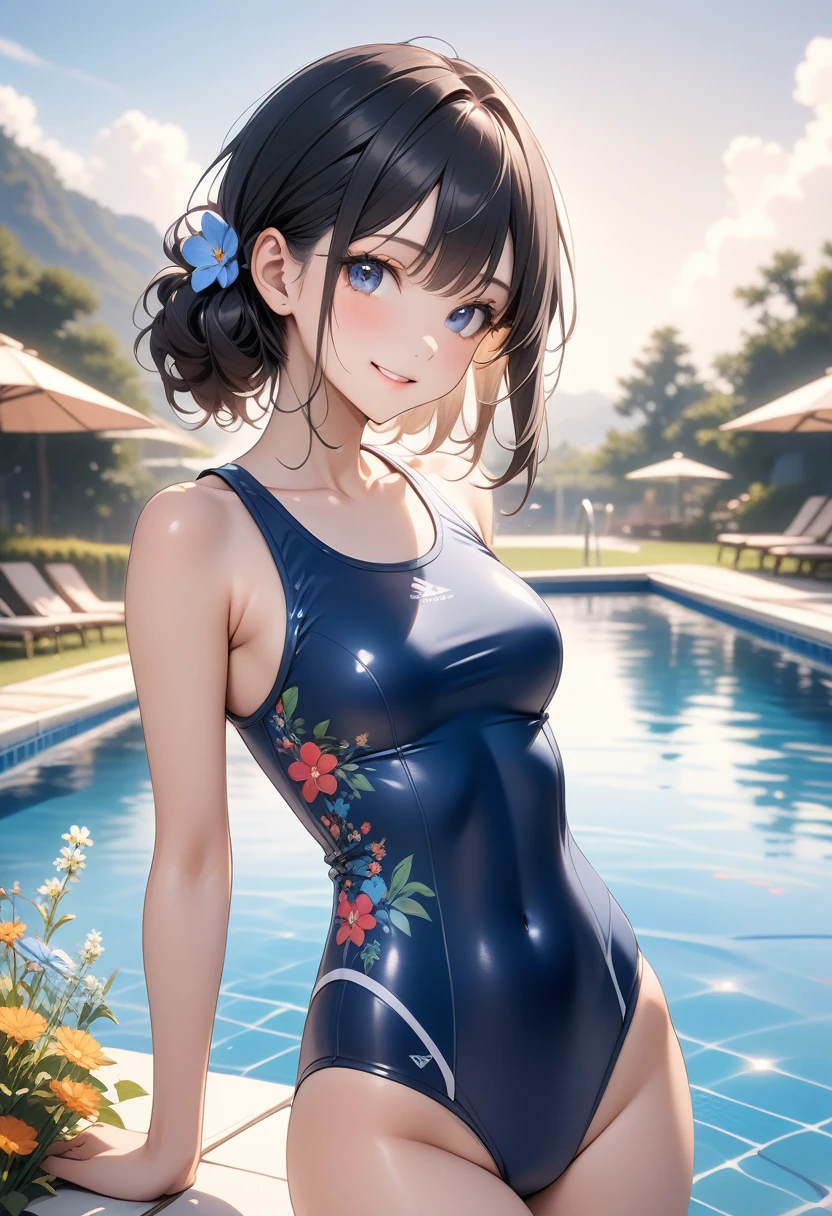 very cute and beautiful girl,(Very exquisite beautiful face and eyes),(Blue school swimsuit),
Are standing,Poolside,Small colorful flowers blooming in the meadow,
(smile),View your viewers,Black Hair,Cowboy Shot,
(Highest quality,masterpiece:1.0),Absurd,High resolution,Very detailed,Very detailed,32K,
Movie Scenes,Detailed Background,alone,Dynamic Angle,
Hair blowing in the wind,Beautifully detailed skies,, ai-generated,Shiny Costumes, skindentation,