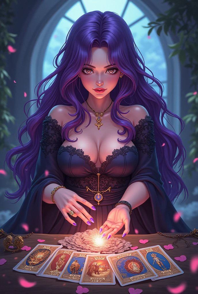 A fat witch, dress without neckline, with curly hair in purple color, hair below the shoulders and playing tarot Image in anime style