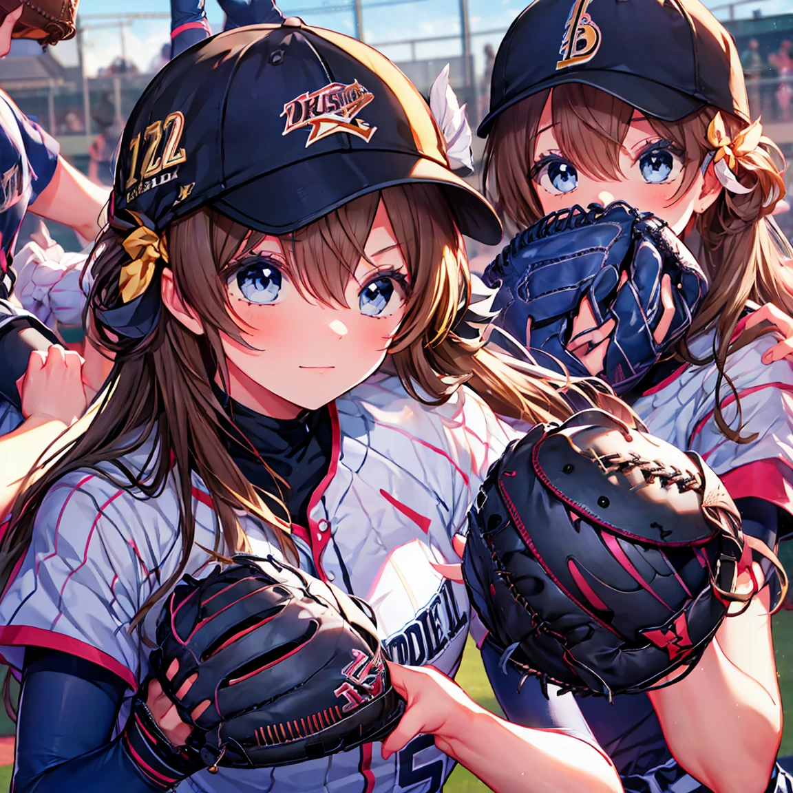 baseball pitcher throwing a ball with her hand over her head on a colored background, baseball mitt, baseball uniform, 1girl, male focus, solo, baseball, sportswear, faceless, baseball cap, hat, faceless male