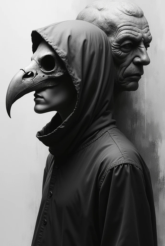 [Core Concept] A haunting and realistic depiction of a person wearing a bird skull as a hood, set against a chilling bust.

[Character Description] The figure wears a sinister bird skull as a hood, casting an ominous and otherworldly presence. The stark black and white rendering heightens the eerie, unsettling nature of the character.

[Environment/Background] The character is set against a foreboding, abstract bust, creating a sense of unease and unnatural tension.

[Style and Atmosphere] The artwork is rendered in a stark, high-contrast black and white style, giving it a haunting, graphic quality that heightens the unsettling atmosphere.

[Composition] The side profile view of the character emphasizes the peculiar and unnatural nature of the bird skull hood, drawing the viewer's attention to this unsettling detail.

[Details and Embellishments] The realistic rendering of the bird skull and the chilling, abstract bust create a sense of unsettling realism, blending the natural and the supernatural in a disturbing way.

[Technical Specifications] This is a black and white, illustrative drawing or digital artwork depicting the described scene.
