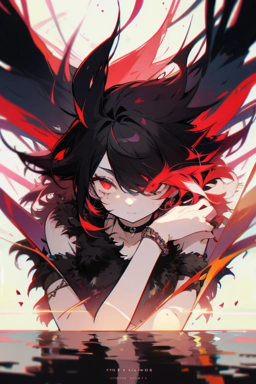 Best Quality, intricate details, chromatic aberration, 1 girl, by the wide, black fur, messy hair, red reflections, hair over one eye, Red eyes, sharp eyes, choker,, , bracelet, arms behind the back, tied arms,  