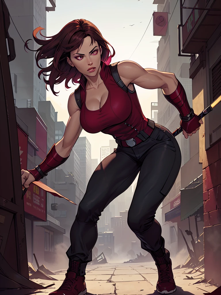 j3nn1f3rg-v1, Elektra Marvel, brown hair, Burgundy Tactical uniform. leather uniform, Tactical pants, little cleavage,photography,ultra details, vivid colors,light and shadows effects,,dynamic action poses, dramatic atmosphere,sharp focus, city background, sai, Sleeveless, .Burgundy sleeveless uniform, Armbands