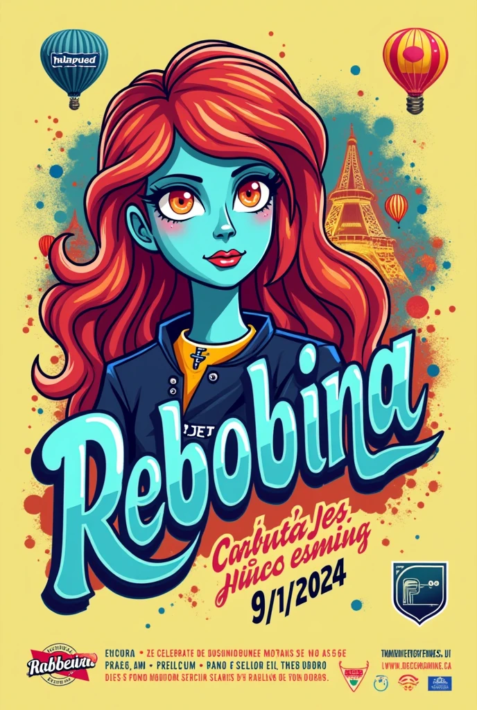 Create a Flyer for an Event/ Show dedicated to the 80s ,90 and 2000 called Rebobina that has predominant yellow and light blue colors Needs to have the Text in Portuguese ( Not in English or Spanish), contain the date which will be on the 9th/11/2024 