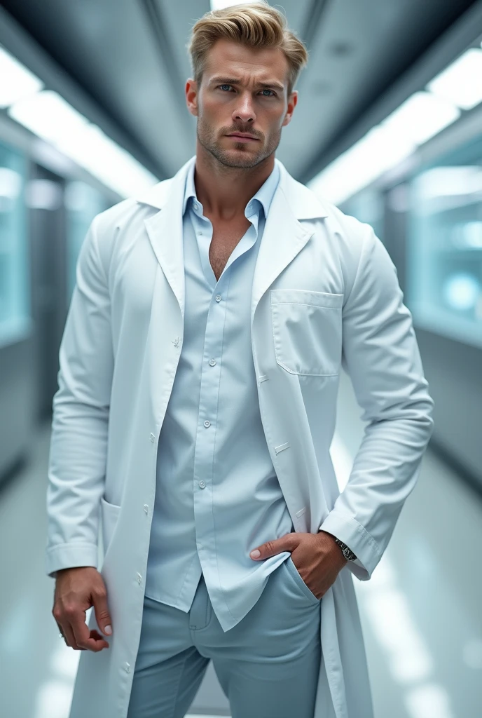 Handsome blond man in white lab coat in scientist style.He is also tall and strong 
