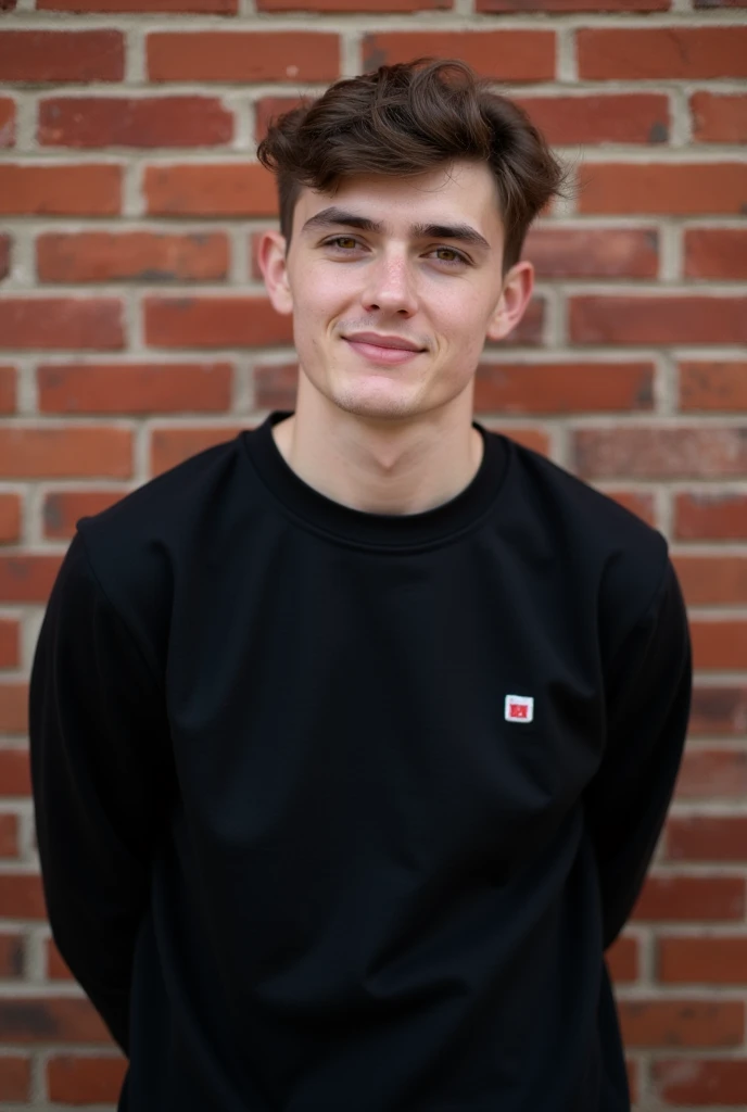Young man wearing black sweatshirt against a brick wall background