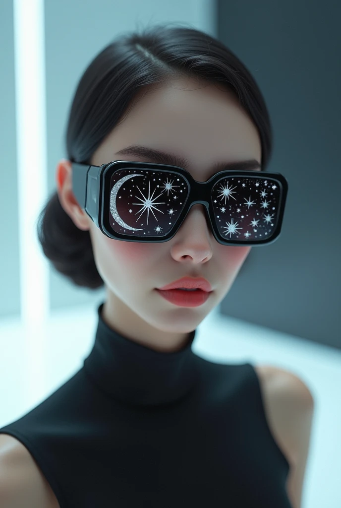 The model is wearing glass sunglasses with stars and the moon on the glass
