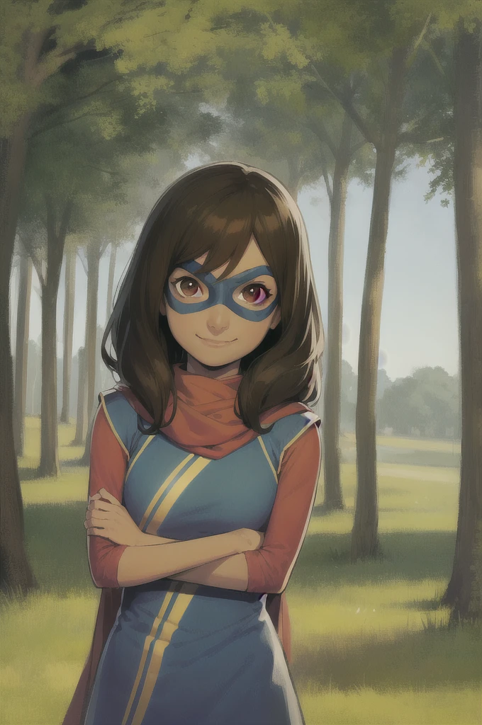 masterpiece, best quality, 1girl, kamalakhan, brown hair, long hair, brown eyes, mask, scarf, arms behind back, upper body, smile, looking at viewer, solo, trees, grass, blue sky, forest background  