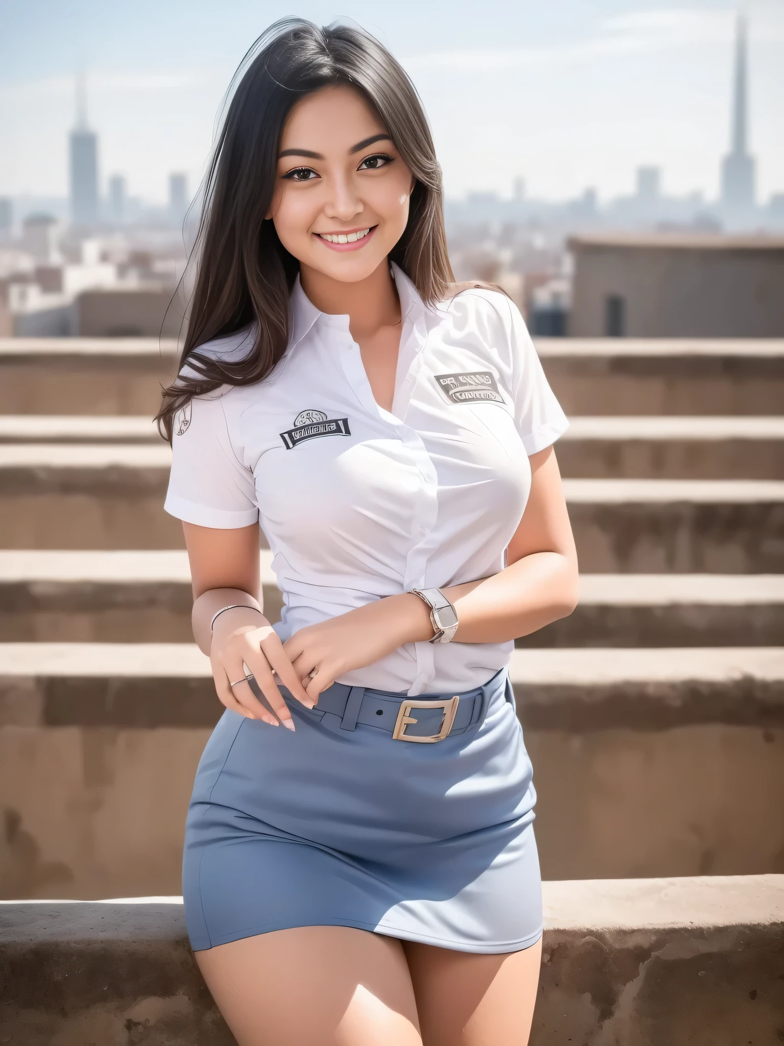 1girl, solo, 19 years old, (uniform), detailed Metropolitan city at the background, seductive pose, thick medium breasts, fit body, smooth realistic skin, cute smile, white shirt, grey blue short skirt, looking at the audience, high angle shot,(8k, RAW photo, best quality, masterpiece: 1.4), (realistic, realistic: 1.37), ultra-high resolution, cowboy shot