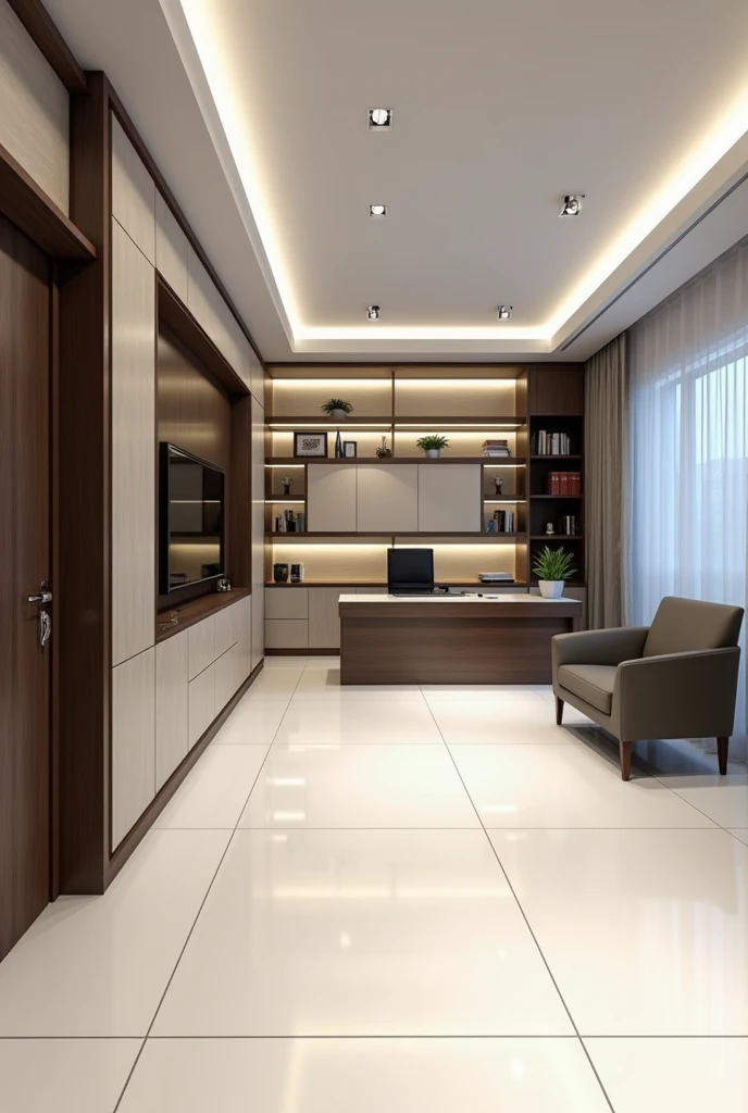 Design of an office 3 meters wide by 6 meters long. The floor is white tile. First there is a small room and at the back an executive desk., Behind the desk there are modern shelves with panels and LED lighting.