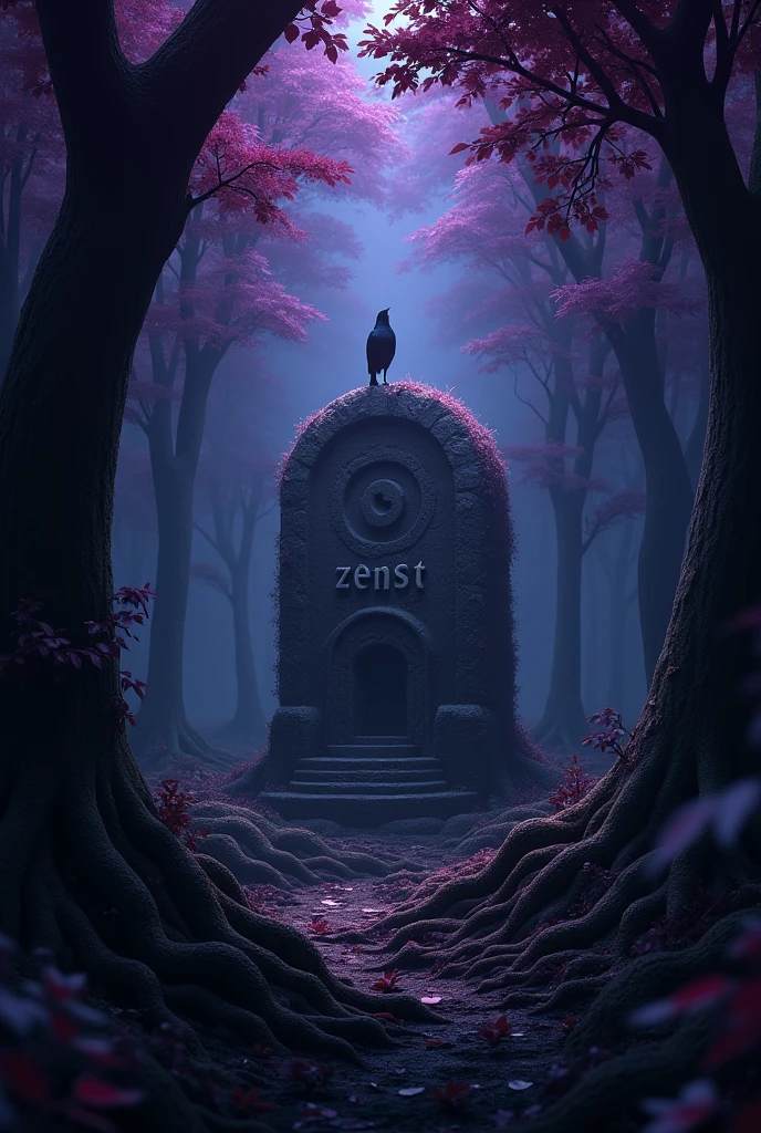 Foret sombre avec des feuilles violettes on ne voit pas le ciel la lumière est sombre au millieux il y a ecrit "zenst" en 3d en pierre dessus il ya des racine de la mousse un oiseaux est pose
