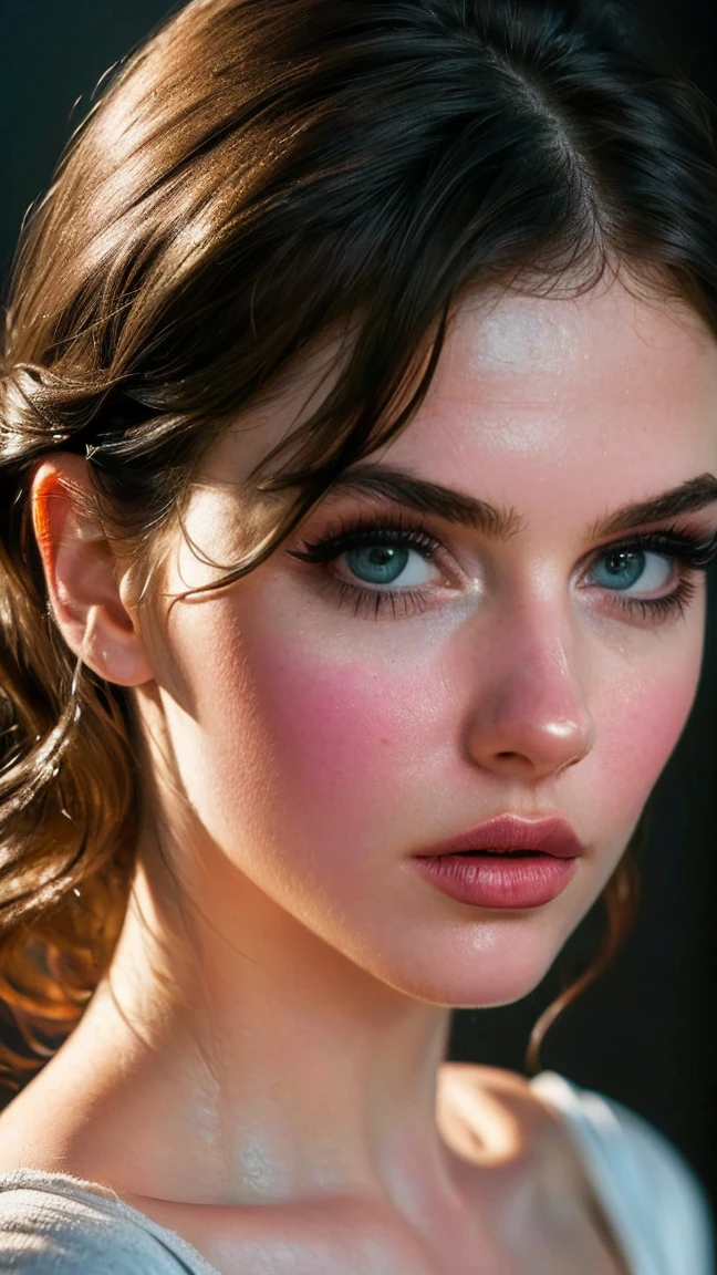 (((ultra realistic))) Photo, masterpiece, top quality, (Pale skin), (Ultra detailed face and eyes.:1.3), 1 girl, adult, on a t-shirt, (eye makeup, mask) , ((big detailed lips)), ((dark wavy hair)), ((Chiolka)) , ((natural breasts)). ((Posing)), Photoshoot, studio ((Contour light)), (The game of lights and shadows), depth of field, bokeh, (Special attention to leather details.: 1.2), (Dark atmosphere of the frame., dark color scheme), ((portrait, close up camera top view)) , ultra detialed,