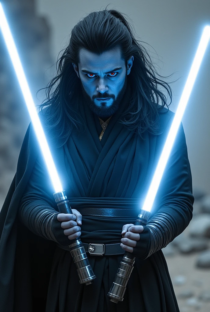 An young man chiss gray jedi who was a former sith lord and now he is searching the balance betwen light and dark side. He uses 2 white lightsabers. He has long dark blue hair, light blue skin, one red eye and other blind. And a short beard. 