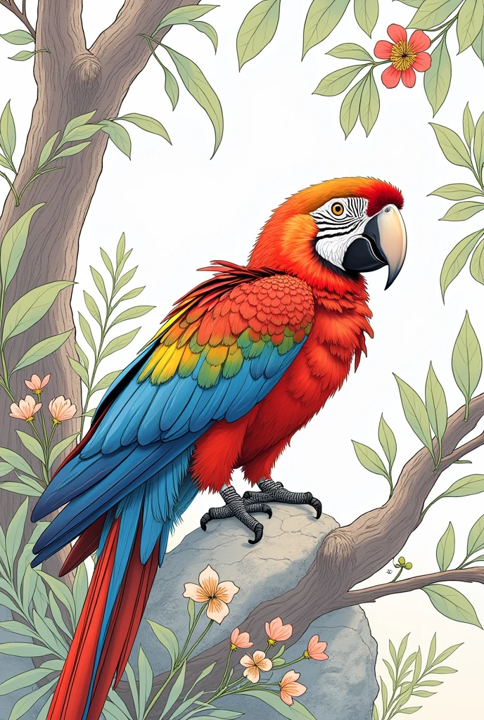 Parrot fine lines standind in a tree fine outline around flowers  fine out line around rocks black finevout lines