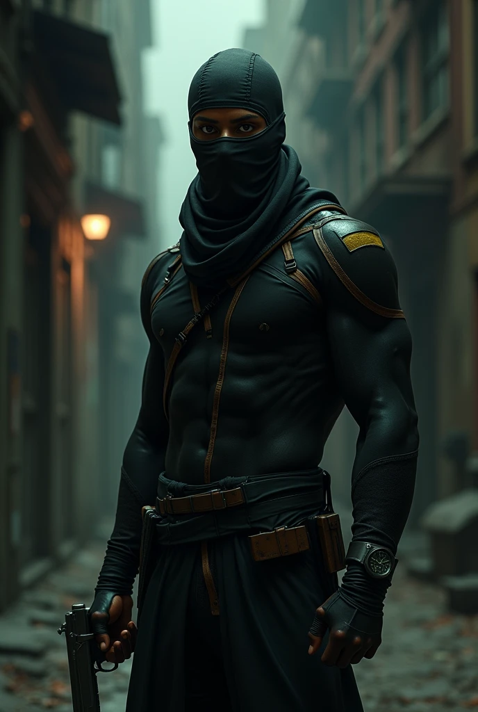 thin black man, bandana and mask with green and yellow colors, handgun