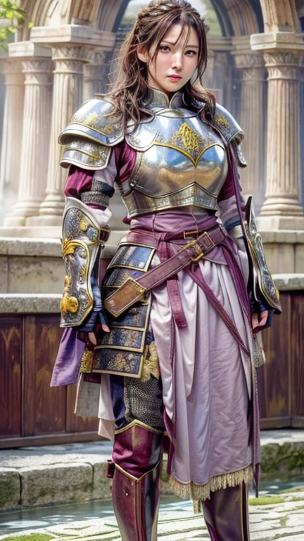 realisitic, photo-realisitic, work of art, best qualityer, CRU photo, high resolution, details Intricate, whole body, standing alone, a 31 year old Japanese woman, vestindo uma medieval armor, breasts big, (standing, Hands on waist), Smaller face, (face detailed, detailedeyes, sophisticated nose), fine textured skin, pale skin, shining skin, sweaty, (soaked armor, medieval armor), photo background, forst,