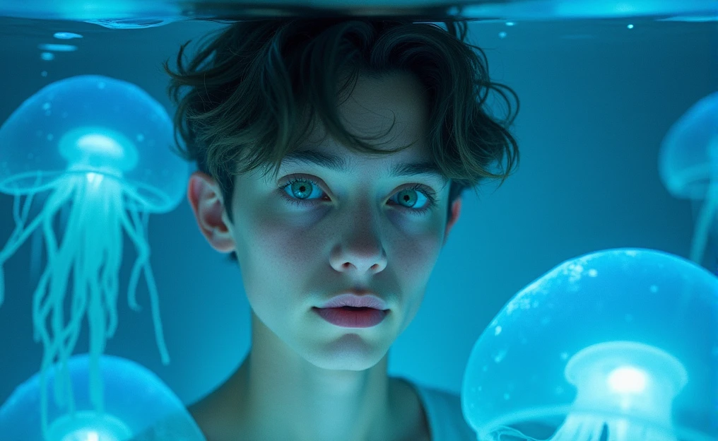 The image shows a young man with a delicate face with blue-green eyes and dark hair, in an ethereal and aquatic environment. Around it float translucent blue jellyfish, whose tentacles create an effect of fantasy and serenity. The soft lighting and bluish reflections of the water add a magical touch to the atmosphere.