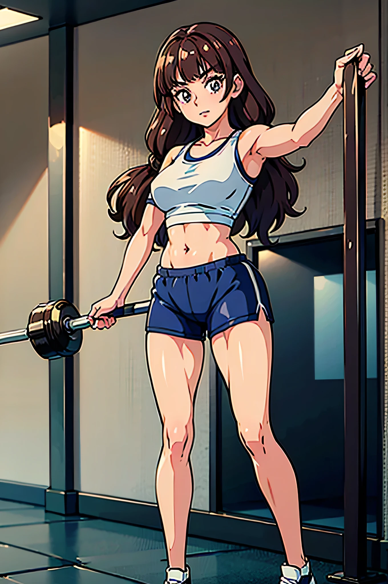 1 girl, (solo), ((amanogawaki)), best quality, highres, high quality, 8k, HD, super detail, anatomically correct, UHD, accurate, (masterpiece:1.0), (high quality:1.0), (ultra detailed), ((Adult:1.2)), Looking at viewer, wearing gym_outfit, inside gym, front view, taking a selfie, gym shorts, gym shirts, Belly button, Navel