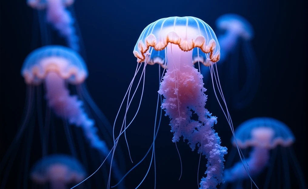 Transparent blue, purple and yellow jellyfish floating on a dark background