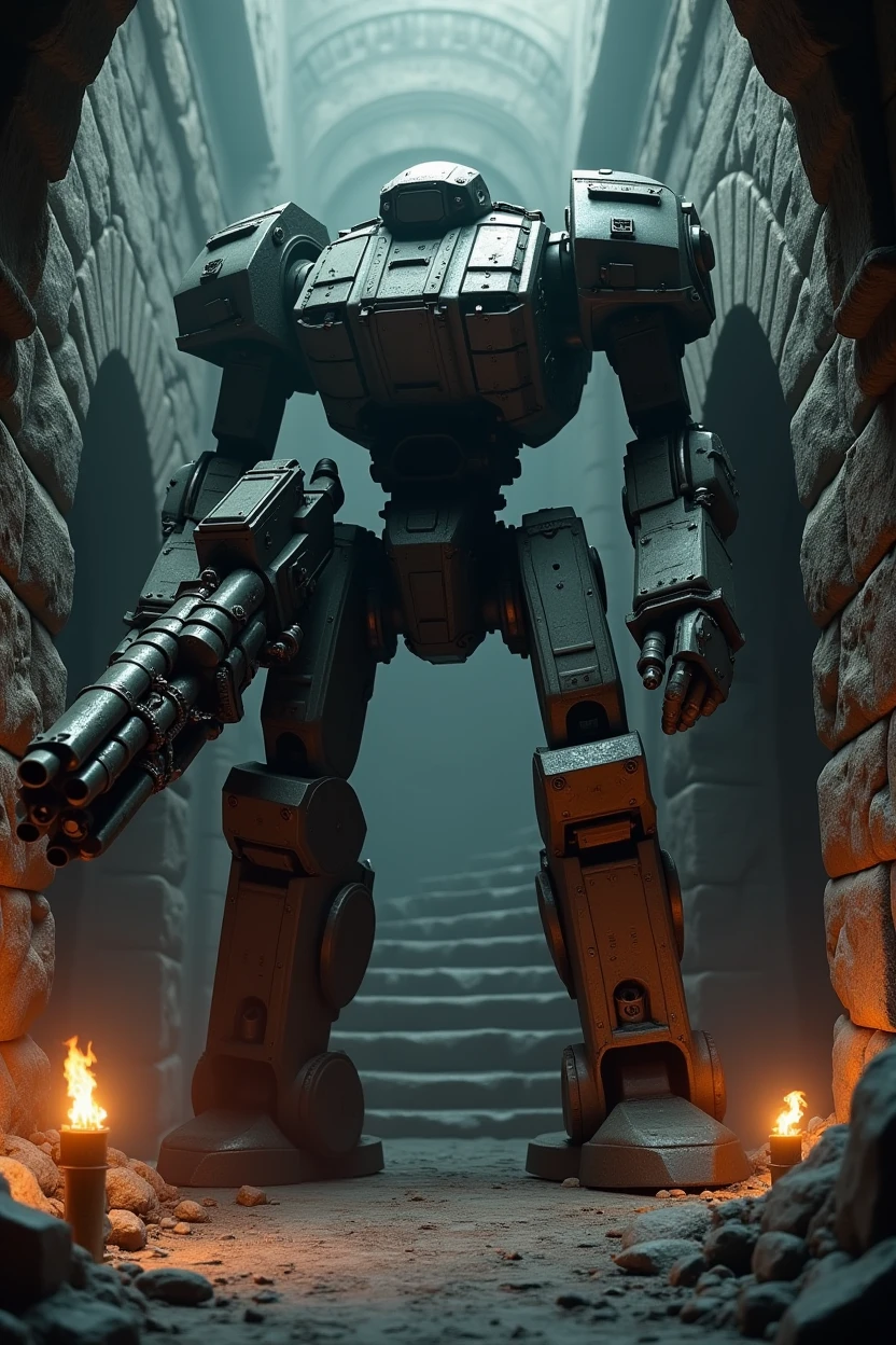 (work of art:1.2), (best qualityer:1.2), 8k, HDR, ultra detaild, ((photorrealistic)), professional light, cinematic lighting, fashion shooting, ambient lighting, fund, a dark medieval dungeon, darkness, epic photo, fire, staircase, A war robot, with weapons machimigun.