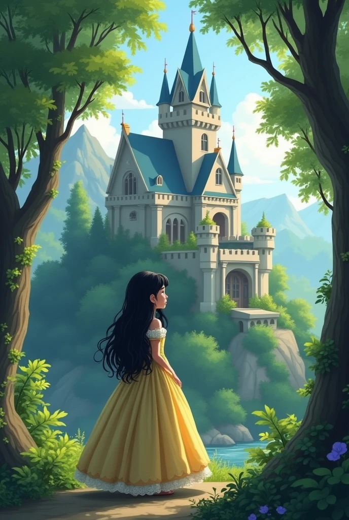 a black haired girl with green hair tips, in a forest in a princess dress in front of a castle