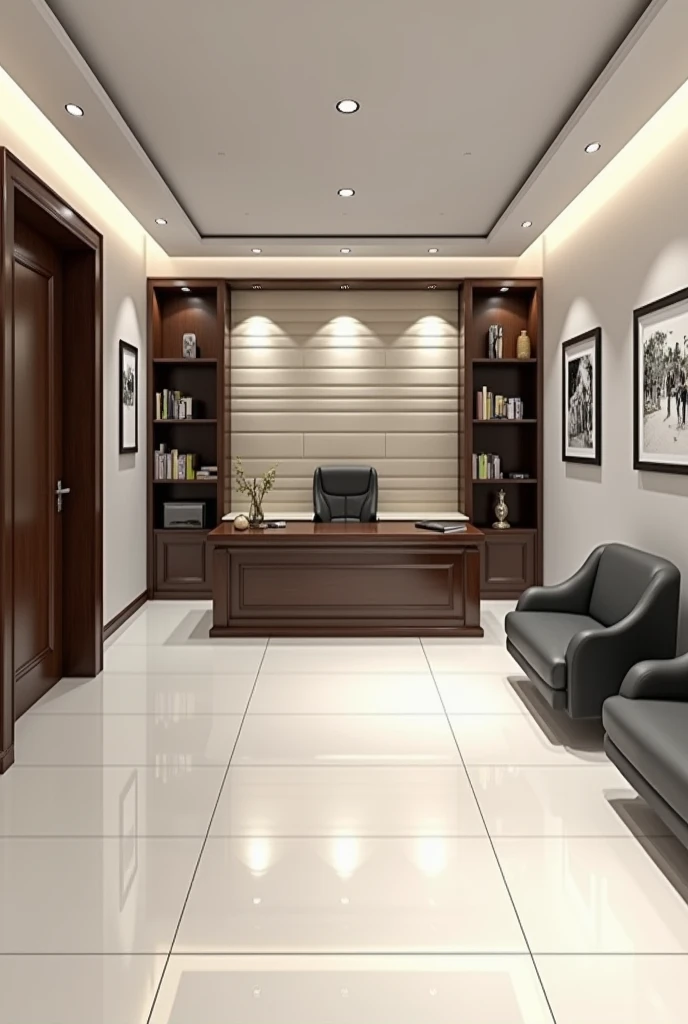Design of an office 3 meters wide by 6 meters long. The floor is white tile. First there is a small room and at the back an executive desk., Behind the desk there are modern shelves with panels and LED lighting. On the side walls photographs.