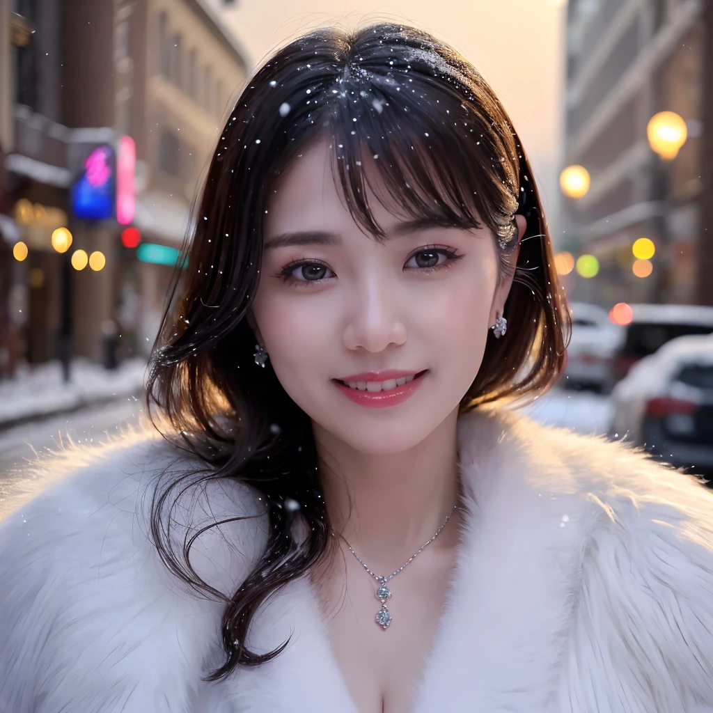 ((Highest quality、Tabletop、8k、Best image quality、Award-winning works))、One beautiful mature woman、45 year old mature woman、Look at me and smile、(Face close-up:1.4)、(Cleavage:1.1)、(Big Breasts:1.1)、(A perfect and elegant thick fur coat:1.3)、Spectacular Cinema Lighting、(Romantic affection:1.2)、(The most romantic and moody atmosphere:1.2)、(Winter City:1.1)、Snow scenery of the city:1.1)、(The snow in the air sparkles finely:1.2)、(that&#39;that&#39;Heavy snow is falling:1.1)、(Tyndall effect:1.1)、(Snowy city night view:1.5)、Glowing Beautiful Skin、(Accurate anatomy:1.1)、Ultra-high definition beauty face、Long eyelashes、Natural Makeup、Ultra HD Hair、Ultra-high resolution eyes、(超高解像度でGlowing Beautiful Skin:1.1)、Ultra-high quality glossy lips、Glowing Beautiful Skin