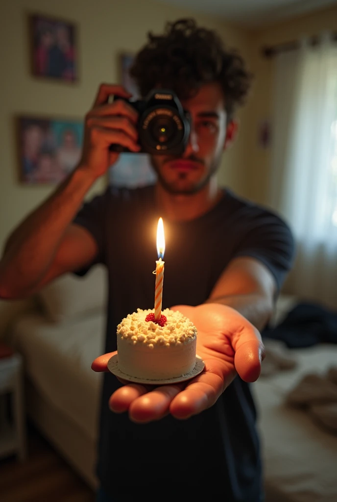 I want a photo-style image showing a person taking a photo of themselves with a small cake and a candle on their arm., But I don&#39;t want the person to be seen only in the arm and a background as if he were in his room, But I want the photo to be from the perspective of the person taking it and for this person to be male., That is, this person&#39;s body does not appear in the photo, only his arm..



