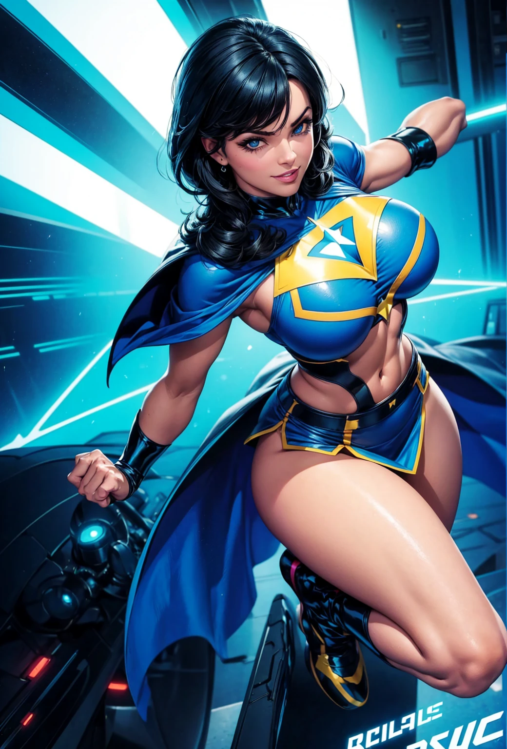 Digital painting of a woman with royal blue and black hair, Superhero, Muscle Girl, Pause, Raise your fist, From above, 1 Raise your knees, Behance Contest Winner, Afrofuturism, Synthwave, neon, glowing neon, Huge saggy breasts,cape,highschool skirt,cute smile,