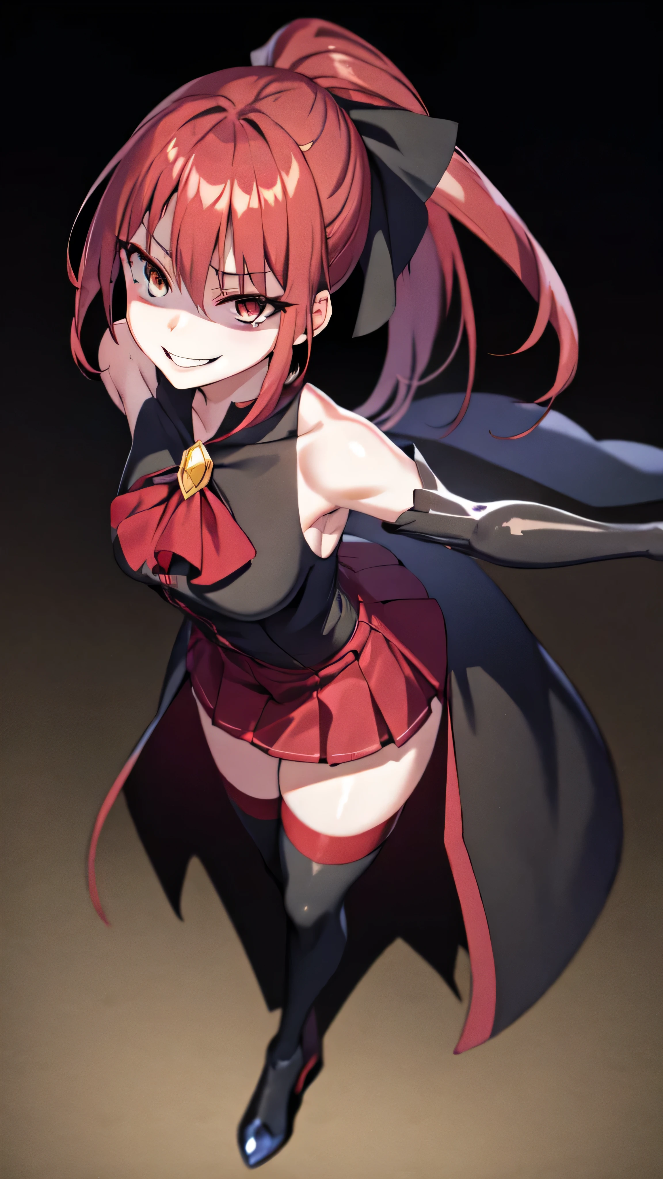 Highest quality, masterpiece, One Girl,Not beautiful, Red Ponytail, Long dress, brooch, Hair Ribbon, Black knee socks, Standing on the rubble, (Wicked Smile:1.1), ,,Dark shadowed face,Sadistic smile,Malice,Contempt,smile,latex,Bad face,,Red Skirt,two hands,Two legs,five fingers,evil background,elbow gloves,latex, Wicked Smile, devilish aura (Shiny fabric:1.5),Dark world background,solo,