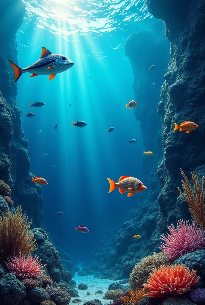 Marvelous deep sea with extremly beautiful sea animals, diferent colors and diferent animals, very bright and big see