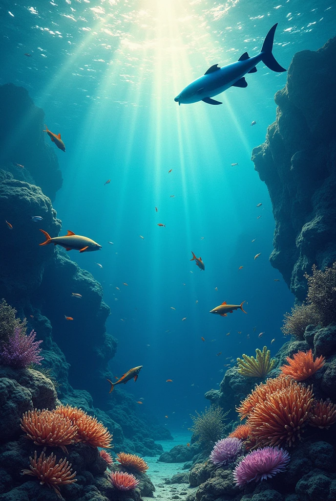 Marvelous deep sea with extremly beautiful sea animals, diferent colors and diferent animals, very bright and big see