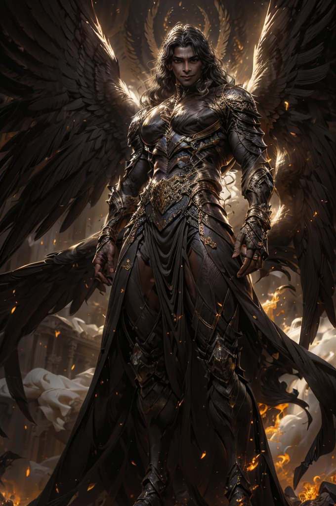 [Core Concept] A majestic fallen angel, exuding an aura of dark elegance and supernatural power.

[Character Description] The fallen angel has long, semi-wavy black hair that frames a face with captivating white eyes and a charismatic, alluring smile. Their towering 3-meter frame is draped in an elegant black and white suit, accentuating the ethereal beauty of their coal-black skin.

[Environment/Background] The fallen angel stands against a mysterious, shadowy backdrop, their presence commanding attention and radiating a sense of both beauty and danger.

[Style and Atmosphere] The scene evokes a moody, Gothic atmosphere, with a blend of light and dark elements that heighten the fallen angel's captivating and ominous presence.

[Composition] The fallen angel is positioned centrally, their imposing figure filling the frame and drawing the viewer's gaze to their mesmerizing features and powerful black wings.

[Details and Embellishments] The fallen angel's wings are vast and majestic, their feathers seeming to shift and shimmer with an otherworldly energy. The intricate details of the suit and the fallen angel's facial features create a sense of refined elegance and supernatural allure.

[Technical Specifications] The image should be rendered with a high degree of realism and attention to detail, capturing the fallen angel's striking presence and the brooding, atmospheric setting.
